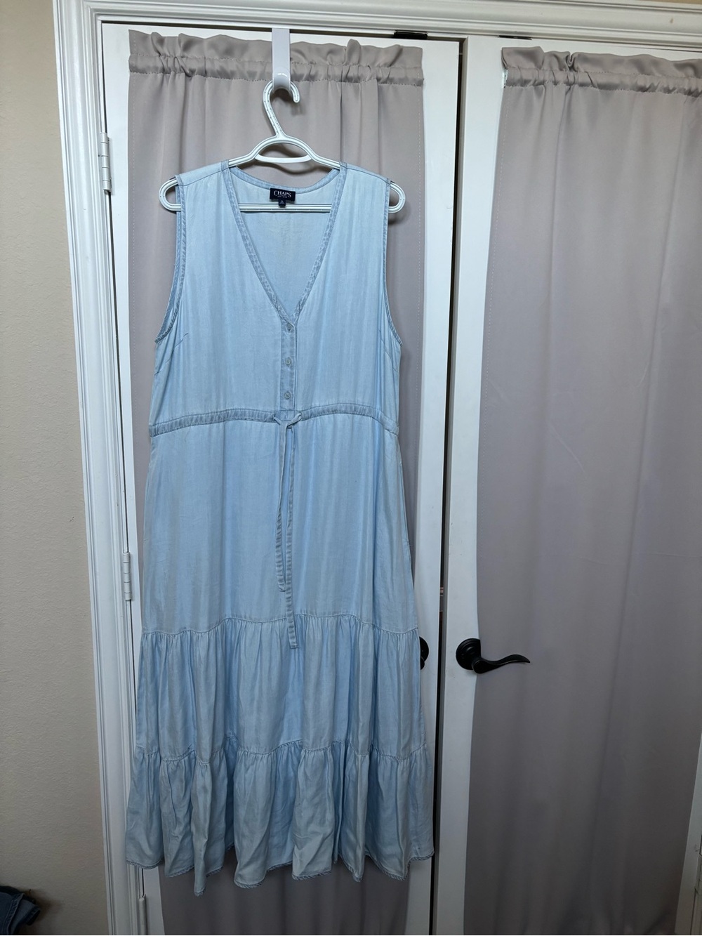 Chaps Light Blue Sleeveless V-Neck Tiered Maxi Dress lined and with pocket